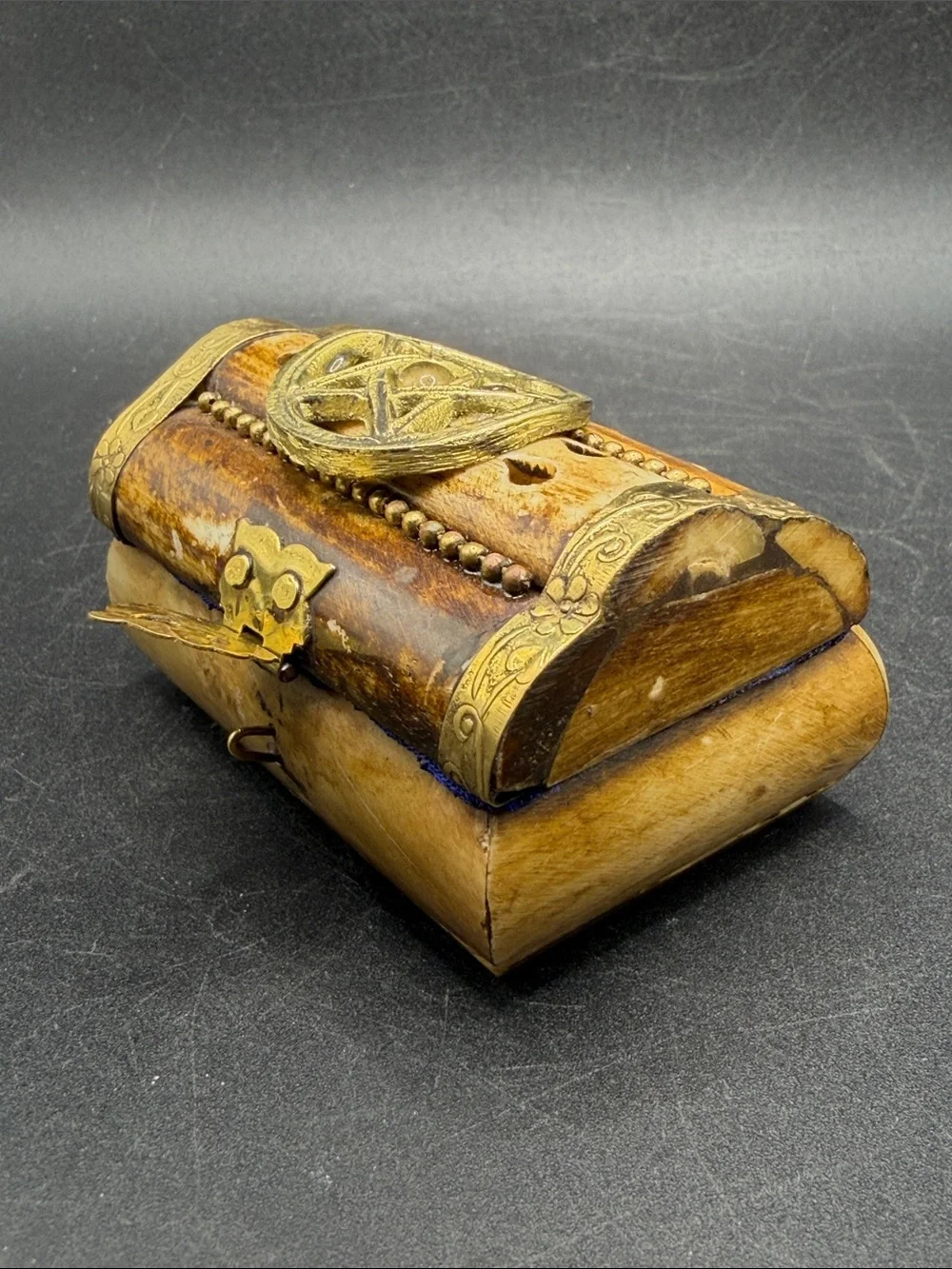 Vintage Bone & Brass Pentagram Star Trinket Treasure Box Hinged Jewelry Box